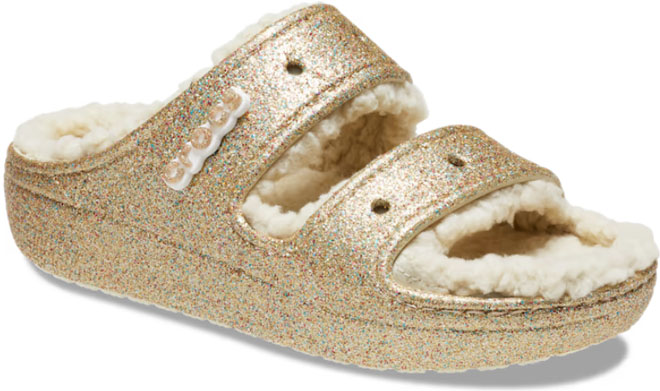 Crocs Classic Cozzzy Glitter Sandals on a Gray Background