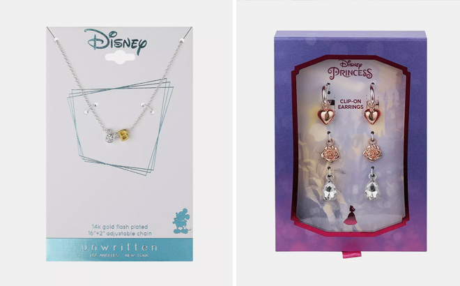DISNEY Unwritten Cubic Zirconia Mickey Mouse Initial Pendant Necklace and Kids Princess Beauty and The Beast Multi Earring Set