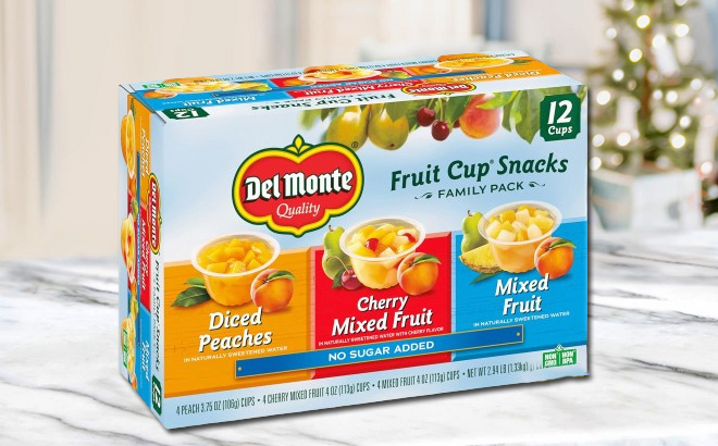 Del Monte FRUIT CUP Snacks Variety Pack on a Table