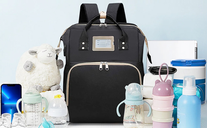 Diaper Bag Backpack with Baby Essentials on the Sides