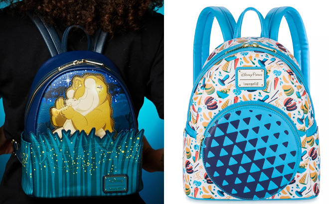 Disney Louis and Ray Glow in the Dark Loungefly Mini Backpack on Left and International Food Wine Festival Backpack on Right