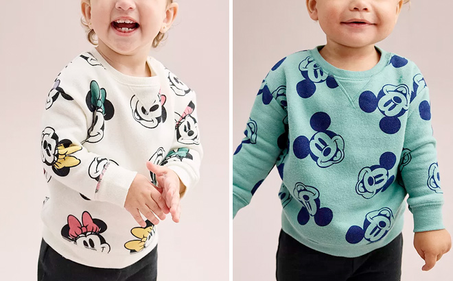 Two Toddlers Wearing Disneys Mickey Mouse Baby Fleece Crewneck by Jumping Beans