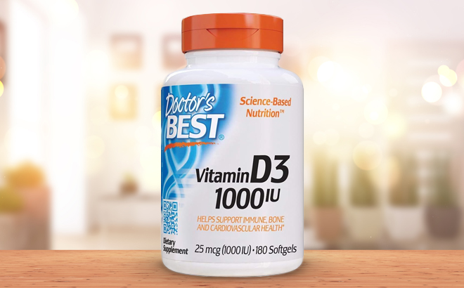 Doctors Best Best Vitamin D3 1000 IU 180 Count Bottle on a Table