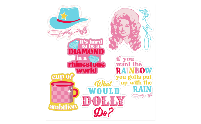 Dolly Parton 6 Piece Reusable Multicolor Vinyl Stickers Dolly Parton 6 Piece Reusable Multicolor Vinyl Stickers