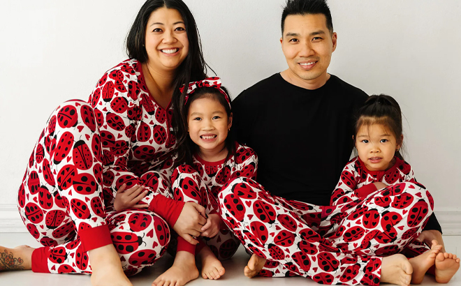 Family Wearing the Little Sleepies Valentines Day Pajamas Collection in the Pattern Love Bug