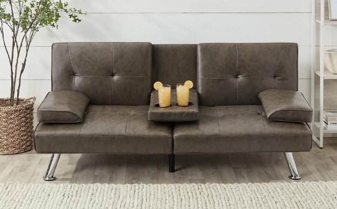 Faux Leather Upholstered Convertible Sofa Bed Futon in Gray Color Faux Leather Upholstered Convertible Sofa Bed Futon in Gray Color