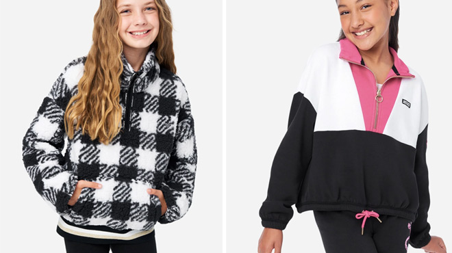 Faux Sherpa Zip Front Sweatshirt on the left and Collection X Half Zip Sweatshirt on the right