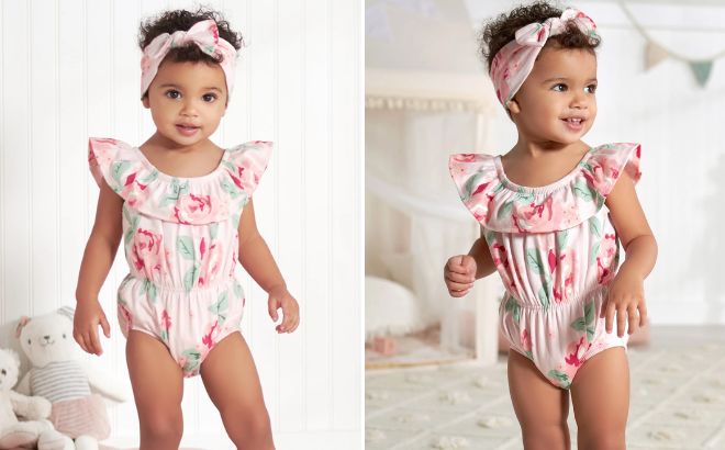 Gerber 2 Piece Baby Girls Pink Garden Wide Neck Sunsuit Romper Headband Set Gerber 2 Piece Baby Girls Pink Garden Wide Neck Sunsuit Romper Headband Set