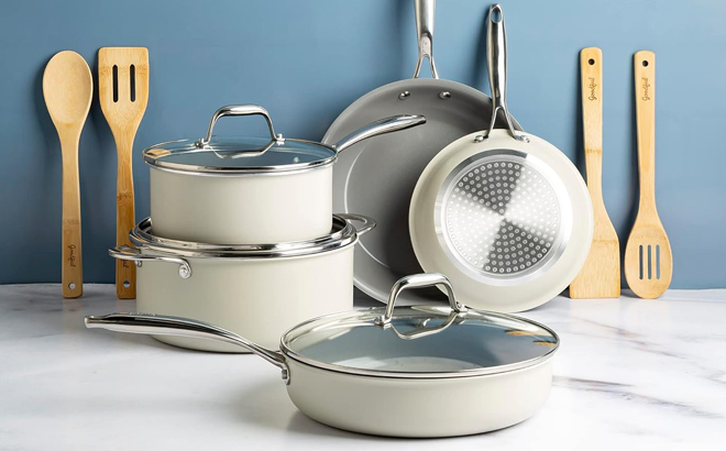 Goodful 12 Piece Ceramic Nonstick Cooking Set in Cream Color