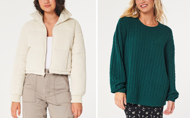 HOLLISTER ULTIMATE CORDUROY MINI PUFFER JACKET AND BIG COMFY SWEATER