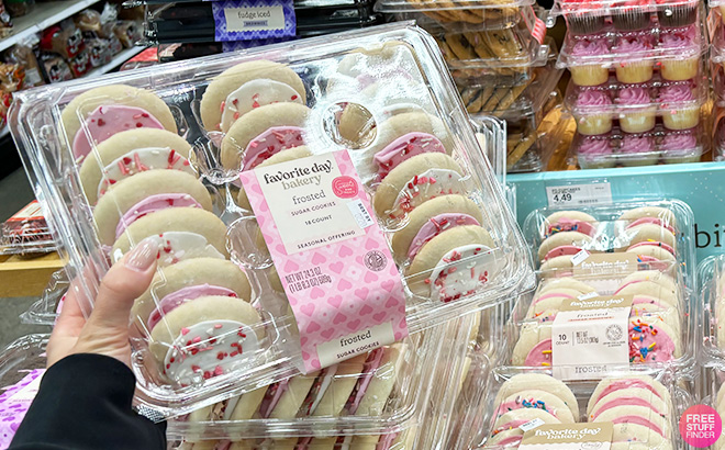 Hand Holding Favorite Day Valentines Day Pink White Frosted Cookies Hand Holding Favorite Day Valentines Day Pink White Frosted Cookies