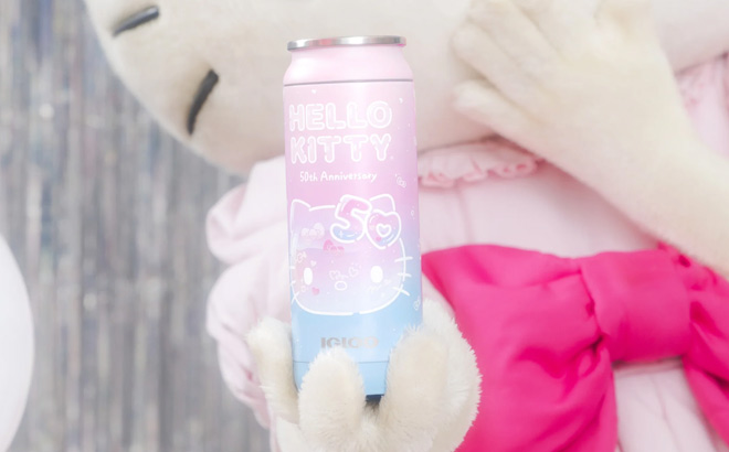 Hand Holding Hello Kitty 50th Anniversary 16 Oz Can