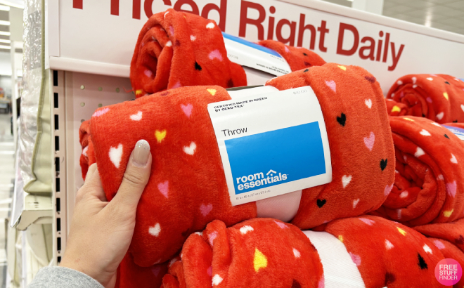 Hand Holding Room Essentials Ditsy Hearts Printed Plush Valentines Day Throw Blanket