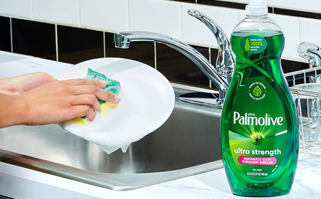 Hand Washing a Plate with a Palmolive Ultra Strength Liquid Dish Soap Original Scent