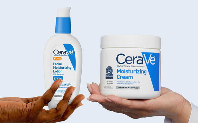 Hand holding CeraVe Moisturizer Cream and AM Lotion
