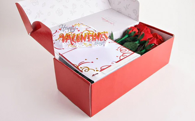 Handcrafted Paper Flowers Roses 6 Stems with Happy Valentines Day Pop Up Card