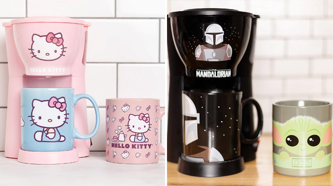 Hello Kitty Coffee Maker on Left Side and Star Wars Mandalorian Coffee Maker on The Right