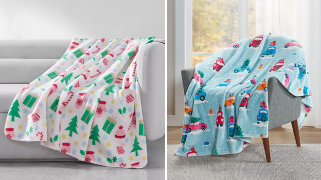 Holiday Printed Fleece Throw on The Left and Cozy Plush Throw on The Right