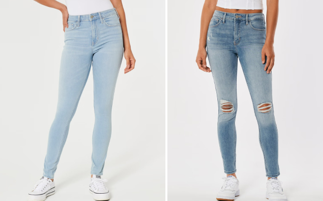 Hollister Womens High Rise Light Wash and Ripped Super Skinny Jeans