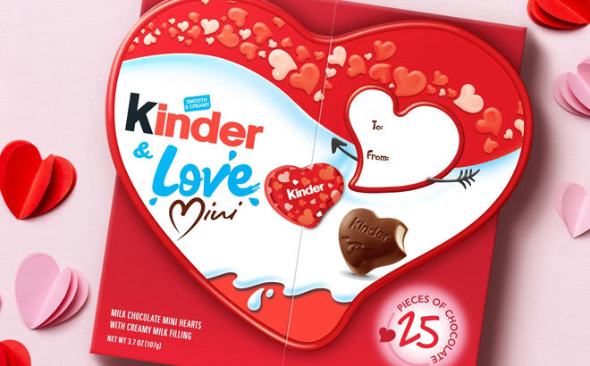 Kinder Love Mini Heart Chocolate 25 Piece Box on Pink Table