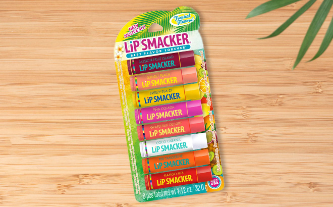 Lip Smacker Flavored Lip Balm 8 Count Pack on a Wooden Table