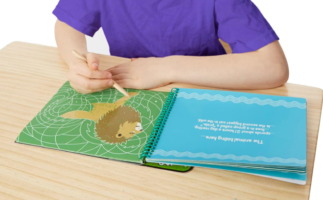 Little Girl Coloring a Lion Picture on her Melissa Doug Safari Animals Hidden Picture Pad