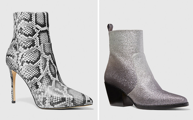 MICHAEL KORS Rue Snake Embossed Leather Ankle Boot and MICHAEL KORS Harlow Glitter Embellished Boot