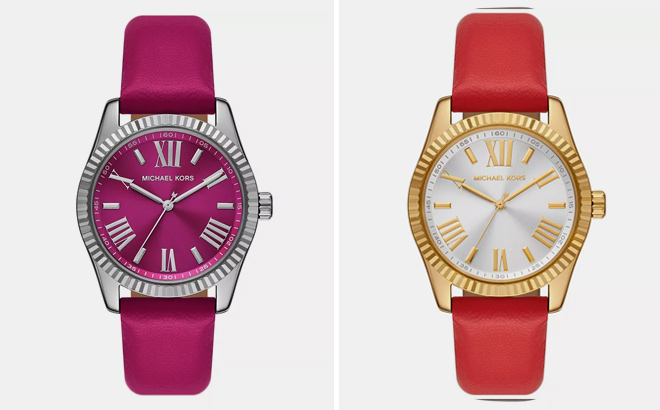 MICHAEL KORS Womens Lexington Three Hand Fuchsia Leather Watch 38mm and Womens Lexington Three Hand Red Leather Watch 38mm MICHAEL KORS Womens Lexington Three Hand Fuchsia Leather Watch 38mm and Womens Lexington Three Hand Red Leather Watch 38mm