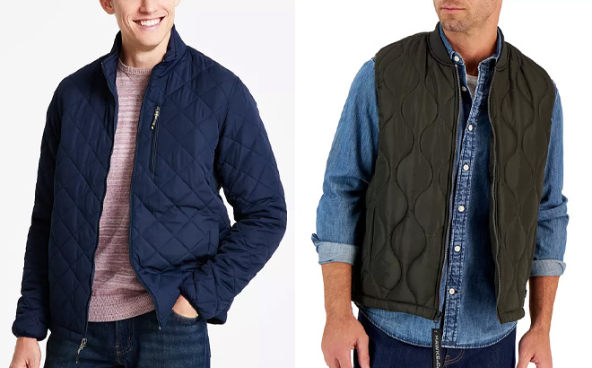 Macys Mens Diamond Quilted Jacket in Blue and Onion Quilted Vest in Green