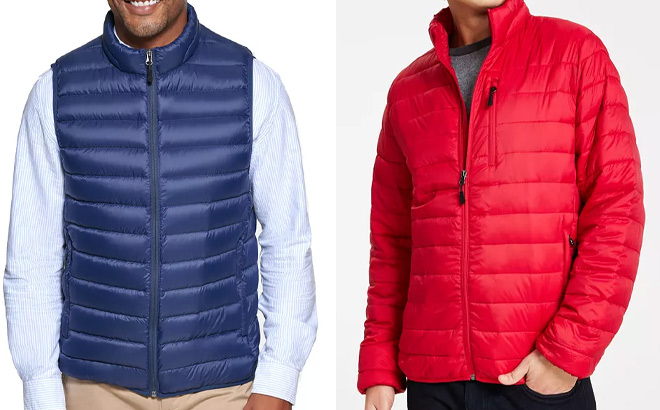 Macys Mens Packable Puffer Vest in Blue and Packable Puffer Jacket in Red