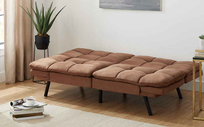 Mainstays Memory Foam Futon with Adjustable Armrests in Camel Faux Suede