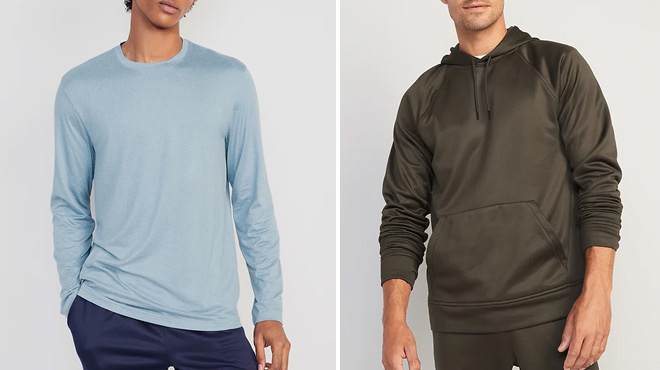 Men Wearing Cloud 94 Soft Shirt on The Left and Go Dry Hoodie on The Right