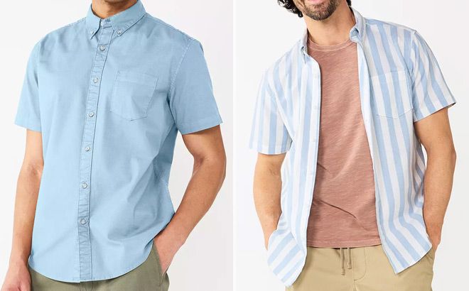 Two People Wearing Mens Sonoma Goods For Life Slim Button Down Shirt