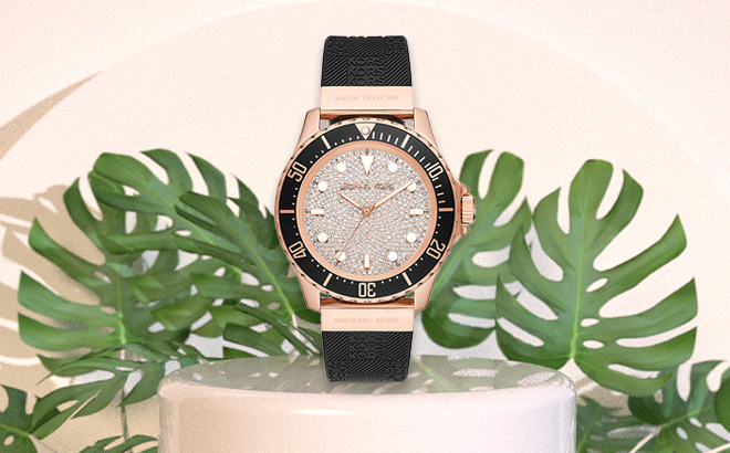 Michael Kors Oversized Slim Everest Pave Rose Gold Tone and Embossed Silicone Watch in Black