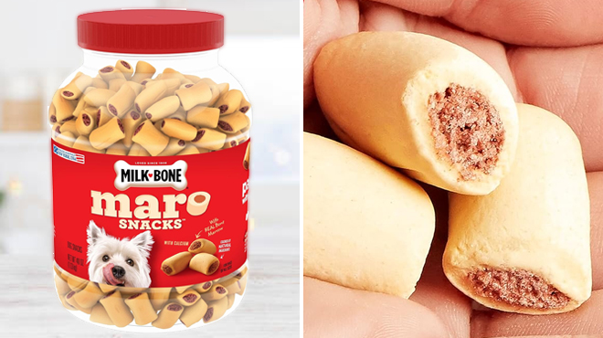 Milk Bone MaroSnacks Beef Dog Treats on the Left and Closer Look at the Same Item on the Right