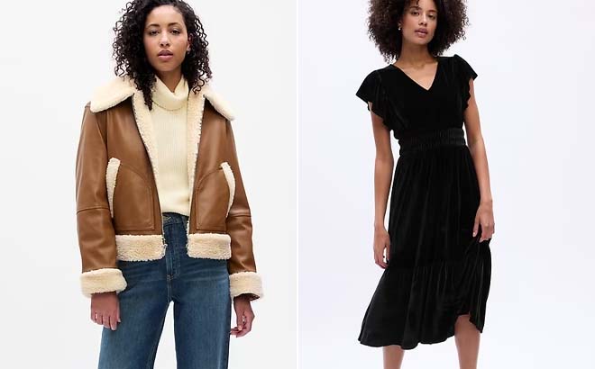 Models Wearing GAP Factory Relaxed Vegan Leather Sherpa Bomber Jacket and Velour Smocked Flutter Sleeve Midi Dress Models Wearing GAP Factory Relaxed Vegan Leather Sherpa Bomber Jacket and Velour Smocked Flutter Sleeve Midi Dress