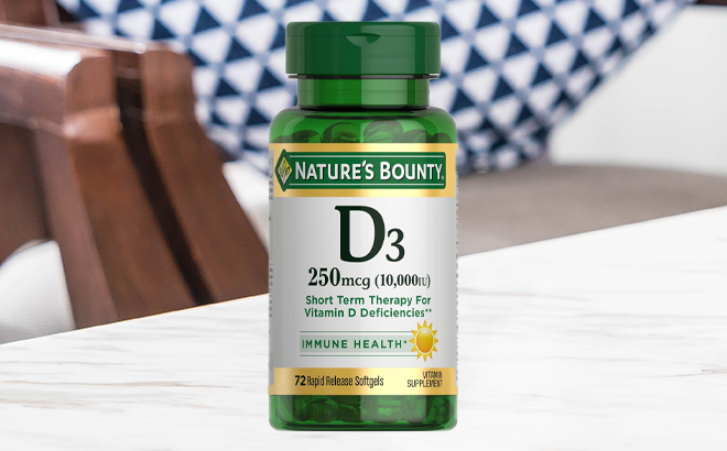 Natures Bounty Vitamin D for Immune Support 72 Tablets on a Table Natures Bounty Vitamin D for Immune Support 72 Tablets on a Table