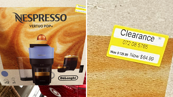 Nespresso Vertuo Pop Coffee Maker on the Left and Target Clearance Price on the Right