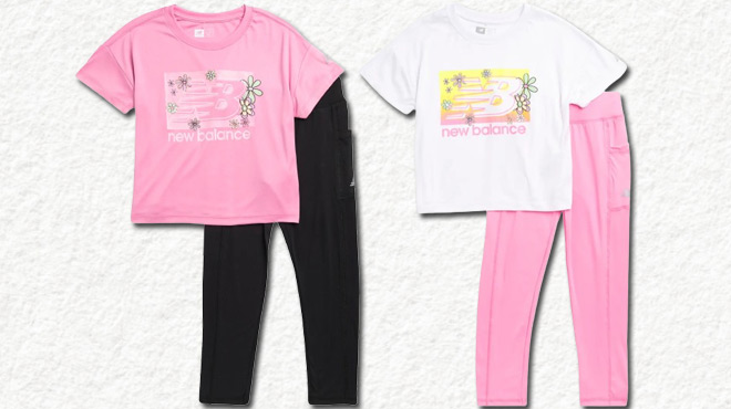 New Balance Kids Logo T Shirt Leggings Set in Real Pink and White Colors