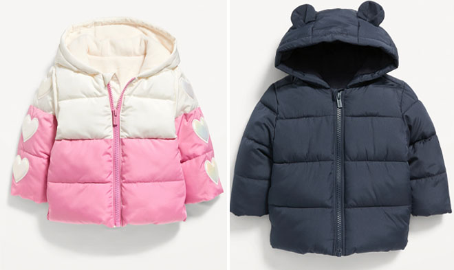 Old Navy Baby Unisex Water Resistant Color Block Heart Puffer Jacket and Baby Unisex Water Resistant Frost Free Critter Puffer Jacket