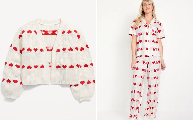 Old Navy Printed Open Front Girls Cardigan and Matching Valentine Print Women Pajamas