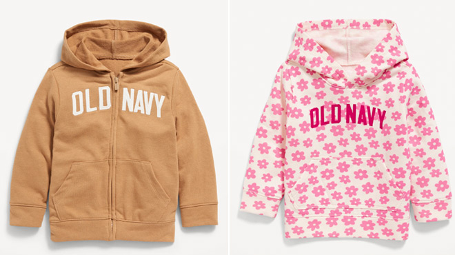 Old Navy Zip Front Toddler Hoodie on The Left and Old Navy Logo Graphic Pullover Toddler Hoodie on the Right
