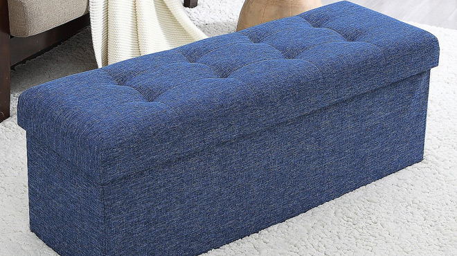 Ornavo Home Foldable Tufted Linen Storage Ottoman Bench in Navy