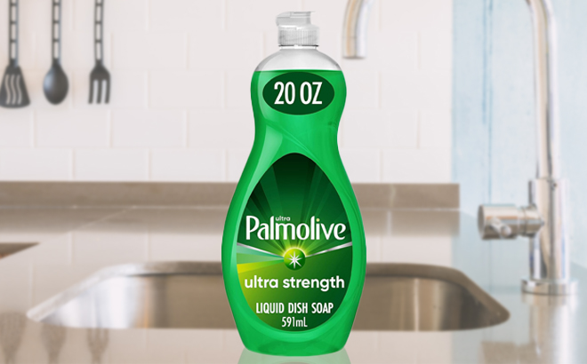 Palmolive Ultra Strength Liquid Dish Soap Beside a Kitchen Sink