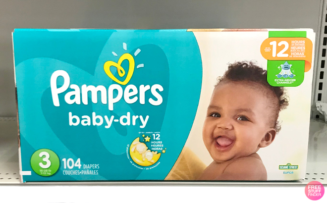 Pampers Baby Dry Diapers 104 Count on a Shelf