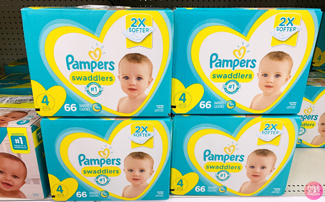 Pampers Swaddlers Diapers boxes on the shelf
