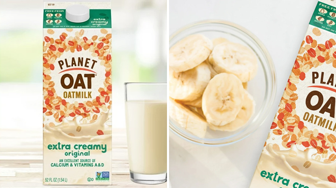 Planet Oat Oatmilk Extra Creamy on the Left and a Bowl of Bananas on the Right