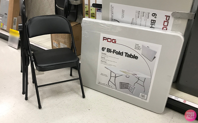 Plastic Dev Group 6 Foot Folding Banquet Table Off White and Steel Folding Chair in Black on the Floor at Target
