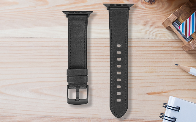 Platinum Horween Leather Band for Apple Watches on a Table