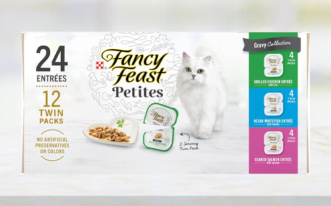 Purina Fancy Feast Gourmet Wet Cat Food Variety Pack on a Table Purina Fancy Feast Gourmet Wet Cat Food Variety Pack on a Table